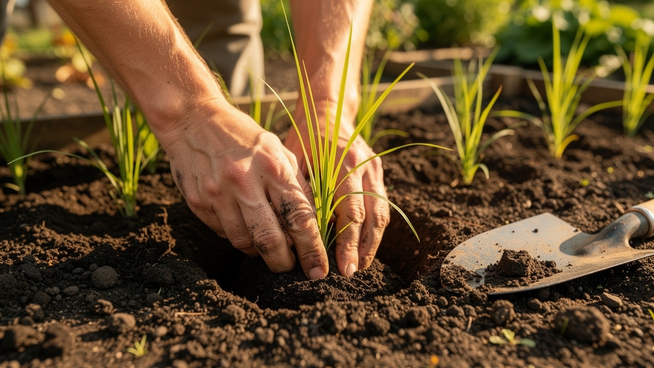 Plantation de jeunes plants de miscanthus en plein soleil avec un espacement d un mètre