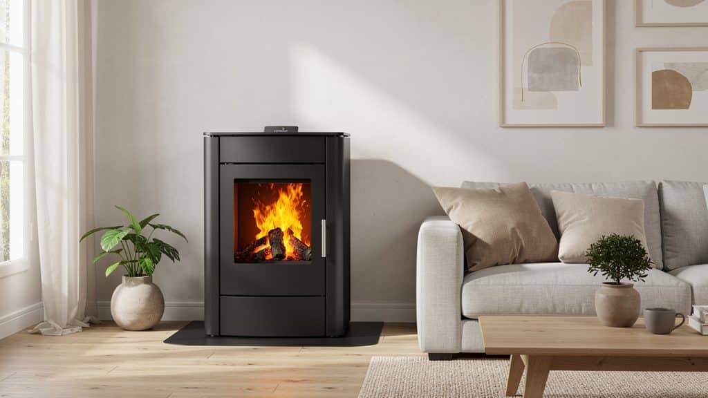 Poêle à granulés moderne en fonctionnement dans un salon rénové