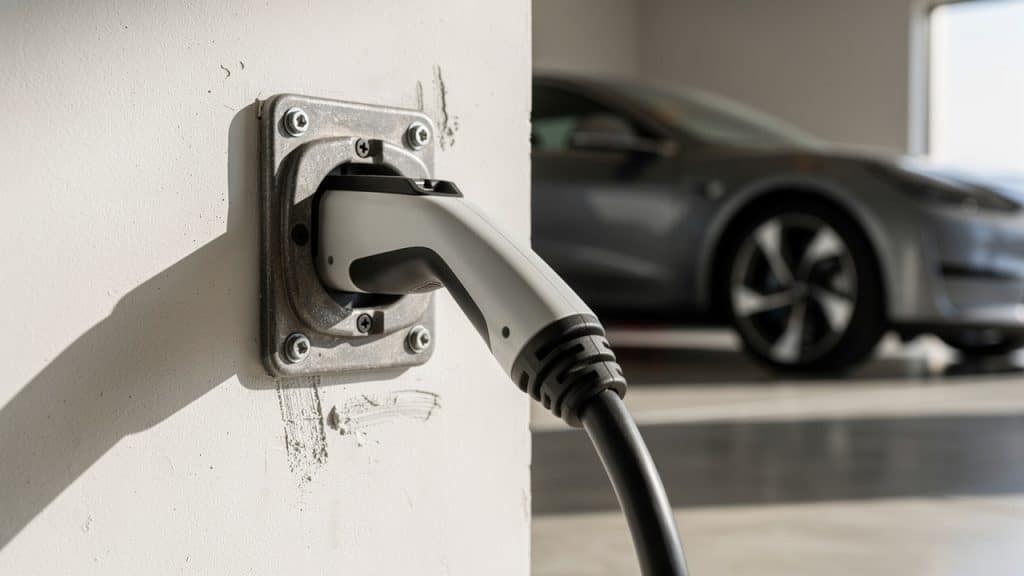 Câble de recharge branché sur une prise renforcée dans un garage pour recharger une voiture électrique