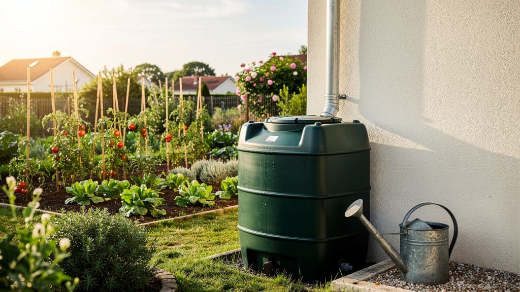 Récupérateur d'eau de pluie vert raccordé à la gouttière d'une maison, arrosoir au pied de la cuve
