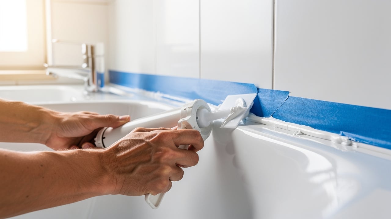 Pose d'un joint silicone le long d'une baignoire avec scotch de peintre et outil de lissage