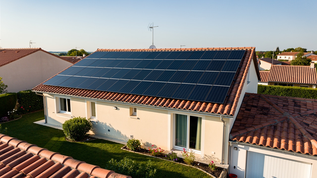 Maison individuelle française équipée de panneaux solaires en toiture, rentabilité d'une clim solaire