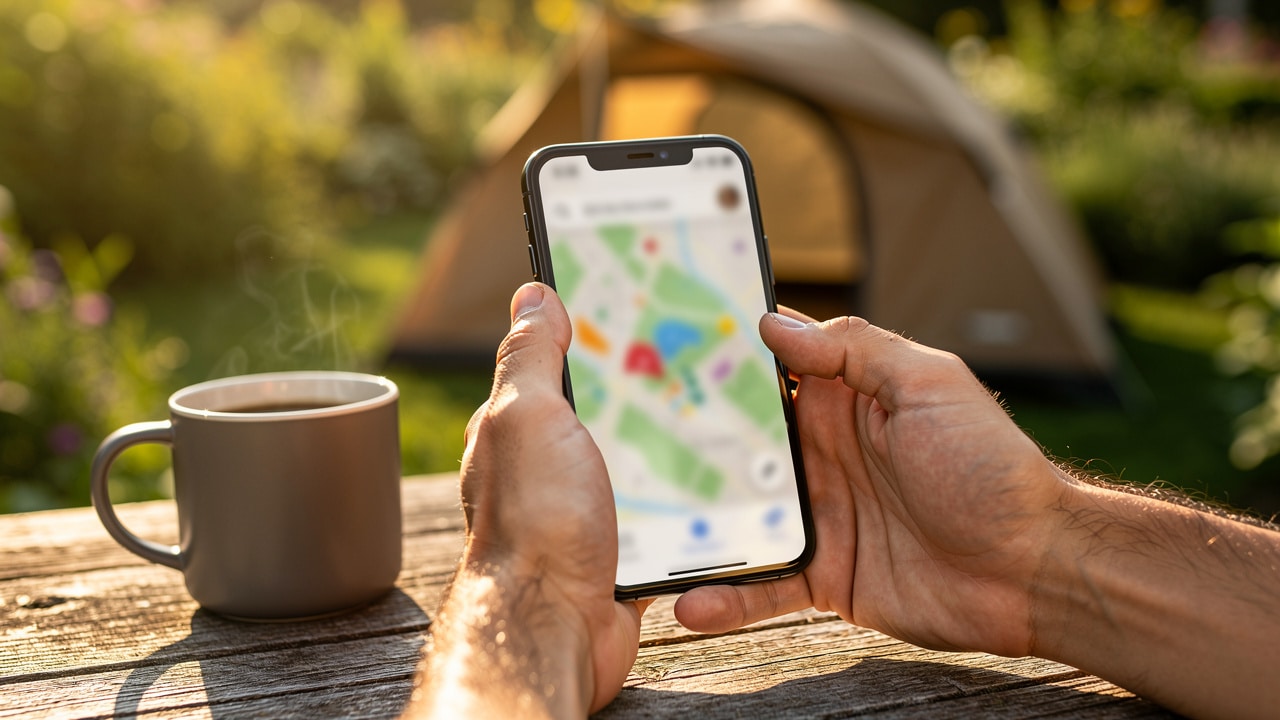 Personne réservant un emplacement de gamping sur son smartphone à côté d'une tente