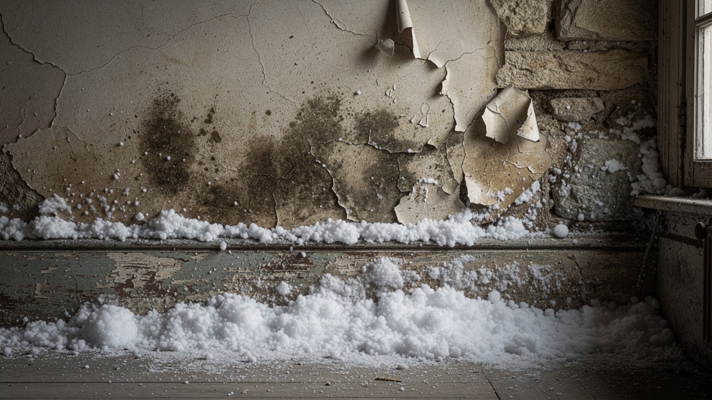 Dépôt blanc de salpêtre en bas d'un vieux mur intérieur humide