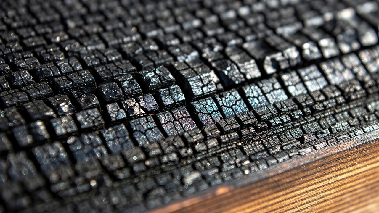 Texture en écailles d'une planche de bois brûlé yakisugi, couche de carbone craquelée après brossage