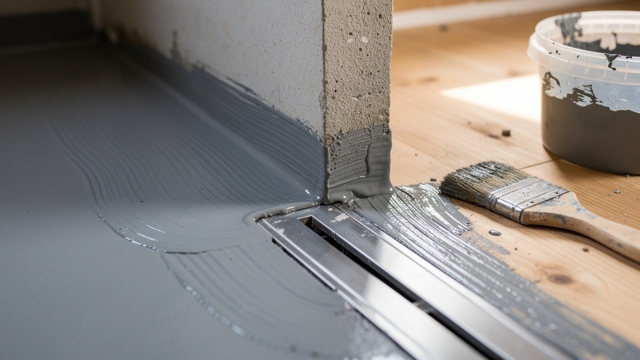 Étanchéité d'une douche à l'italienne sur plancher bois : membrane liquide, bande de renfort en angle et caniveau encastré