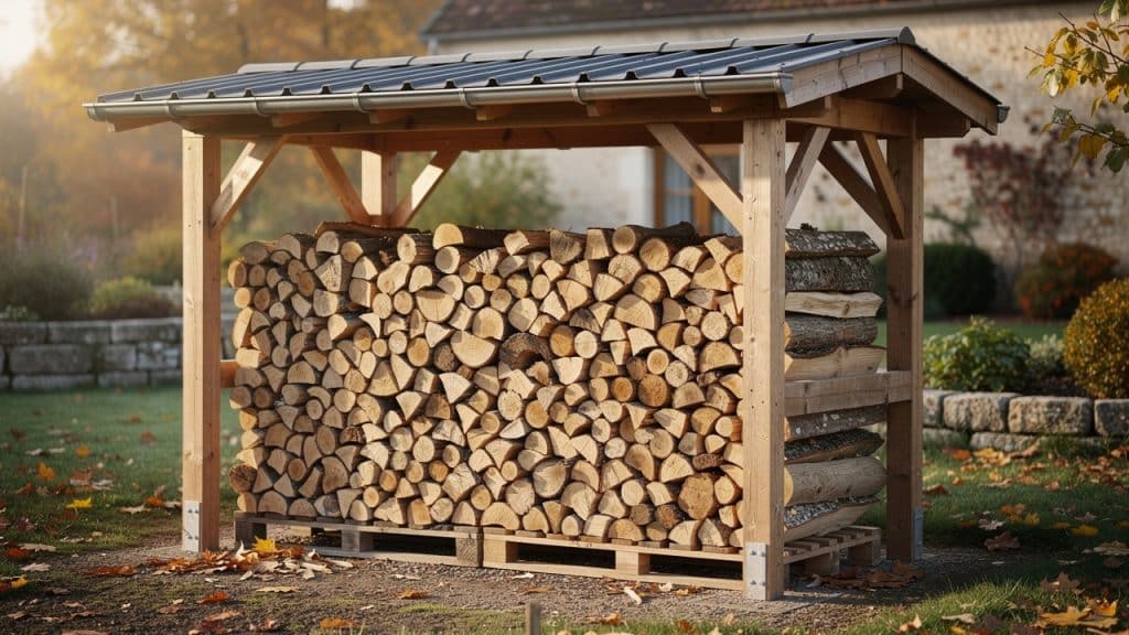Abri à bois de chauffage ouvert sur les côtés, bûches empilées sur palettes surélevées sous un toit débordant dans un jardin