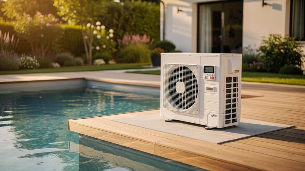 Pompe à chaleur installée près d'un bassin pour chauffer sa piscine dans un jardin