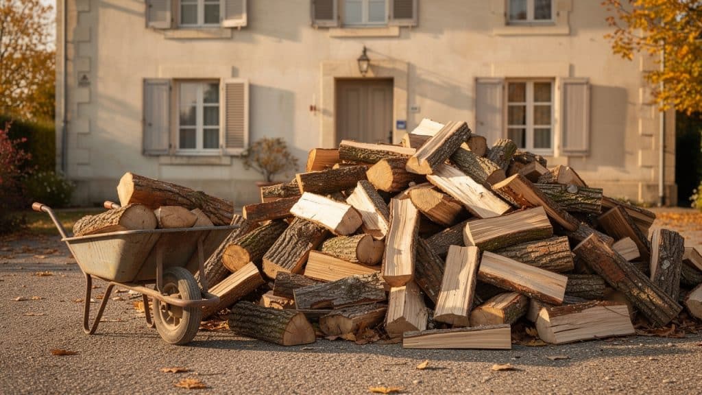 Livraison de bûches de bois de chauffage déposées devant une maison, avec une brouette, en lumière d'automne