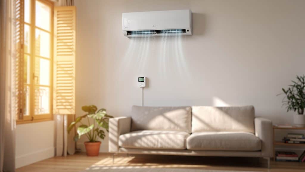 Climatiseur split mural en fonctionnement dans un salon lumineux, avec une prise connectée de mesure de consommation sous l'appareil
