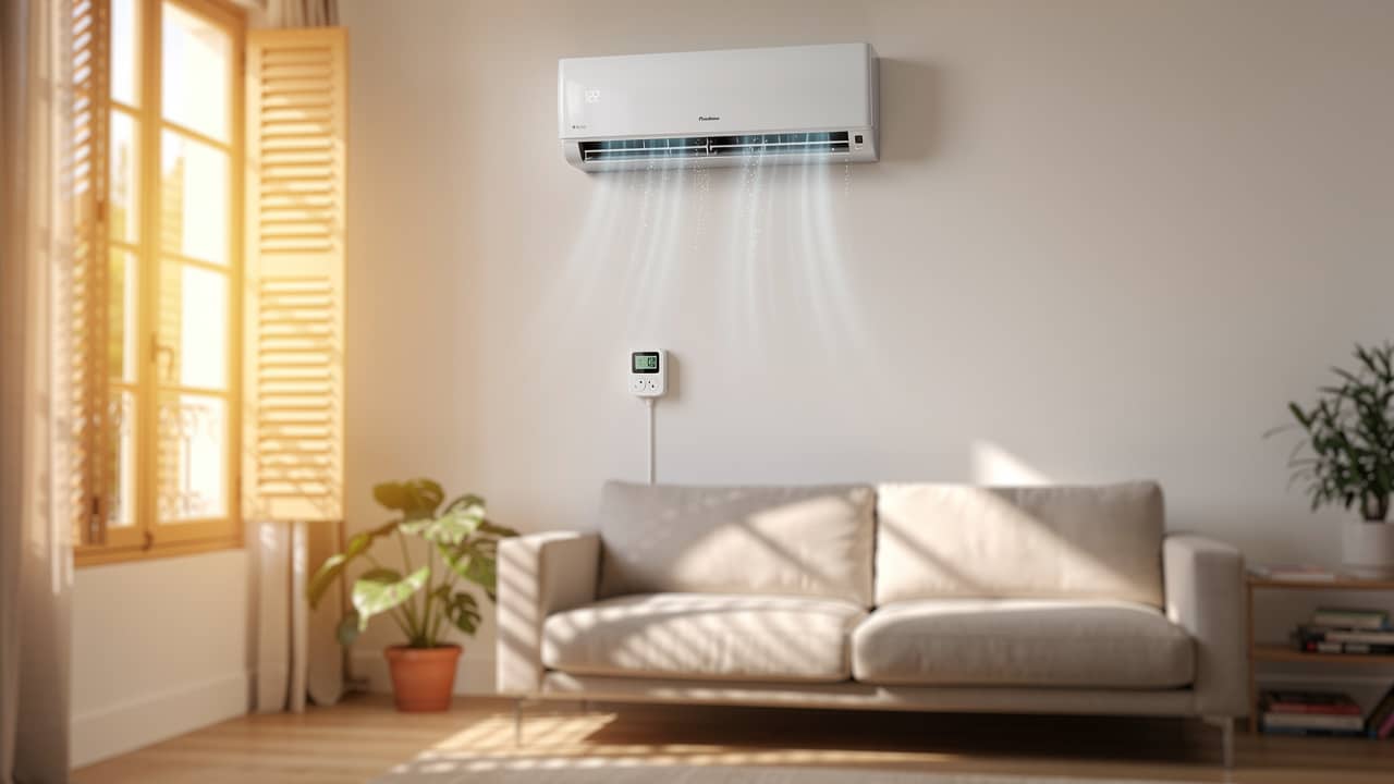 Climatiseur réversible mural en fonctionnement dans un salon, avec une prise de mesure de consommation