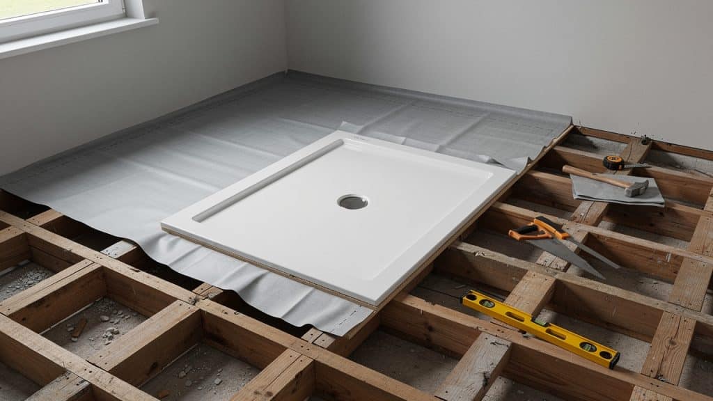 Douche à l'italienne sur plancher bois : receveur encastré dans un solivage ouvert avec membrane d'étanchéité