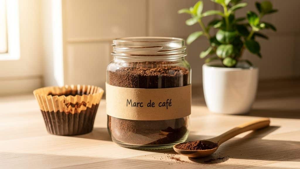 Bocal de marc de café séché sur un plan de travail avec filtre usagé et cuillère en bois