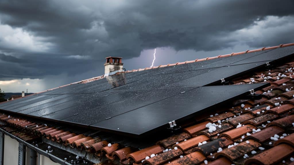 Toiture de maison équipée de panneaux solaires sous un ciel d'orage avec grêlons sur les tuiles, illustrant le risque couvert par l'assurance habitation