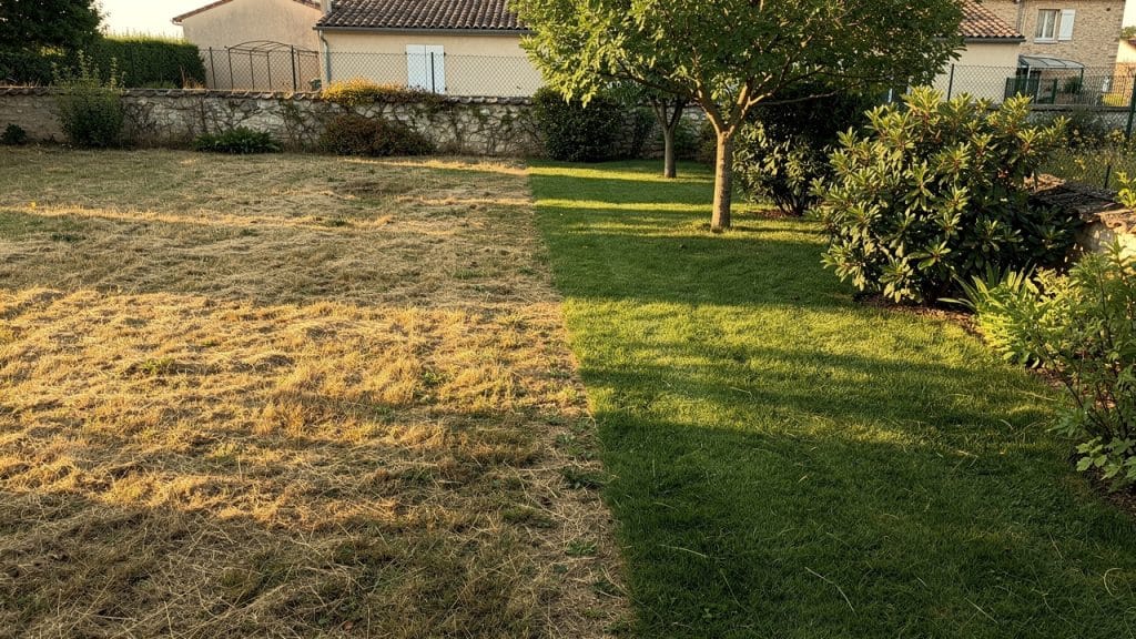Pelouse de jardin à moitié jaunie par la sécheresse et encore verte à l'ombre d'un arbre