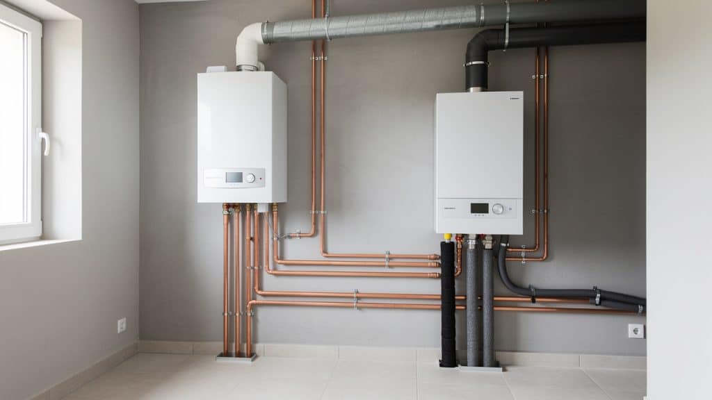 Chaudiere gaz a condensation et module interieur de pompe a chaleur cote a cote dans un local technique, installation hybride