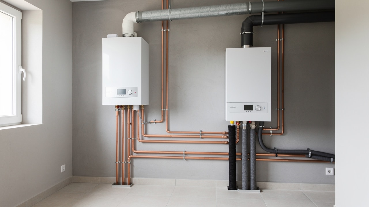 Chaudière gaz à condensation et module intérieur de pompe à chaleur côte à côte dans un local technique, installation hybride éligible à MaPrimeRénov'