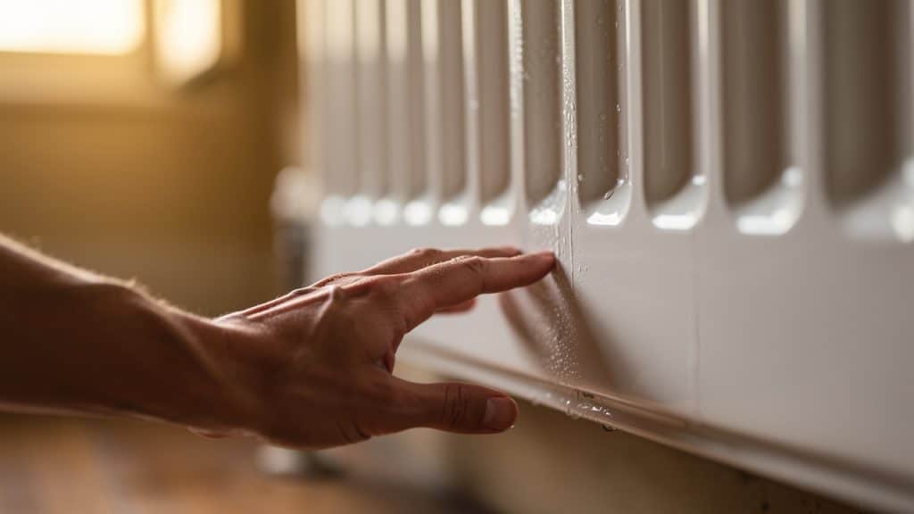 Main posée sur la partie basse froide d'un radiateur chaud en haut