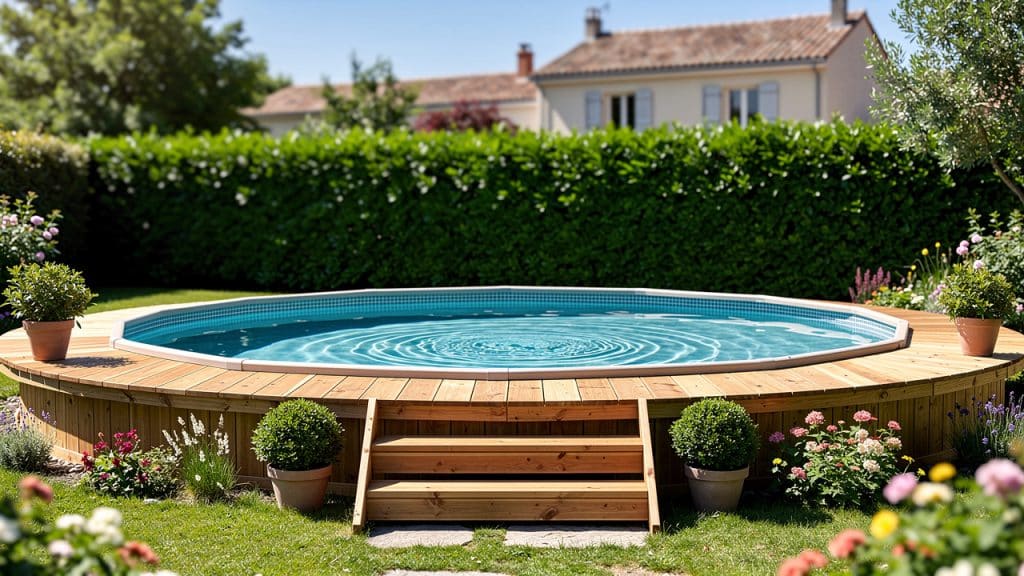 piscine hors-sol avec terrasse en bois dans un jardin bordé d'une haie mitoyenne