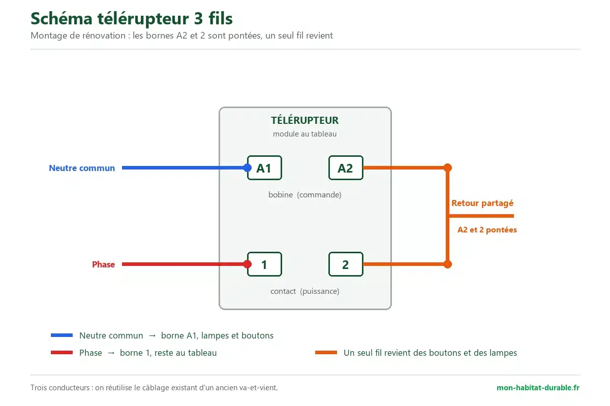 Schéma télérupteur 3 fils en rénovation : bornes A2 et 2 pontées pour un seul fil de retour