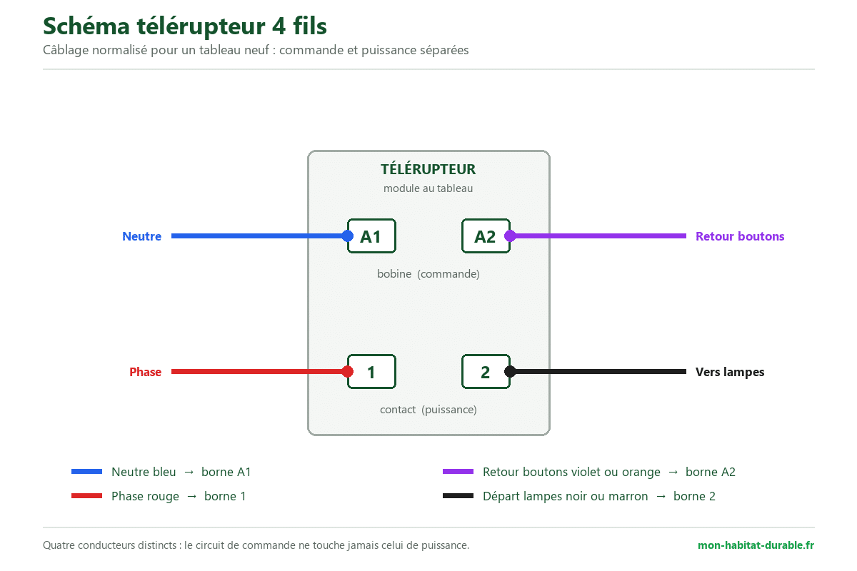 Schéma télérupteur 4 fils : neutre bleu en A1, retour boutons en A2, phase en borne 1, départ lampes en borne 2