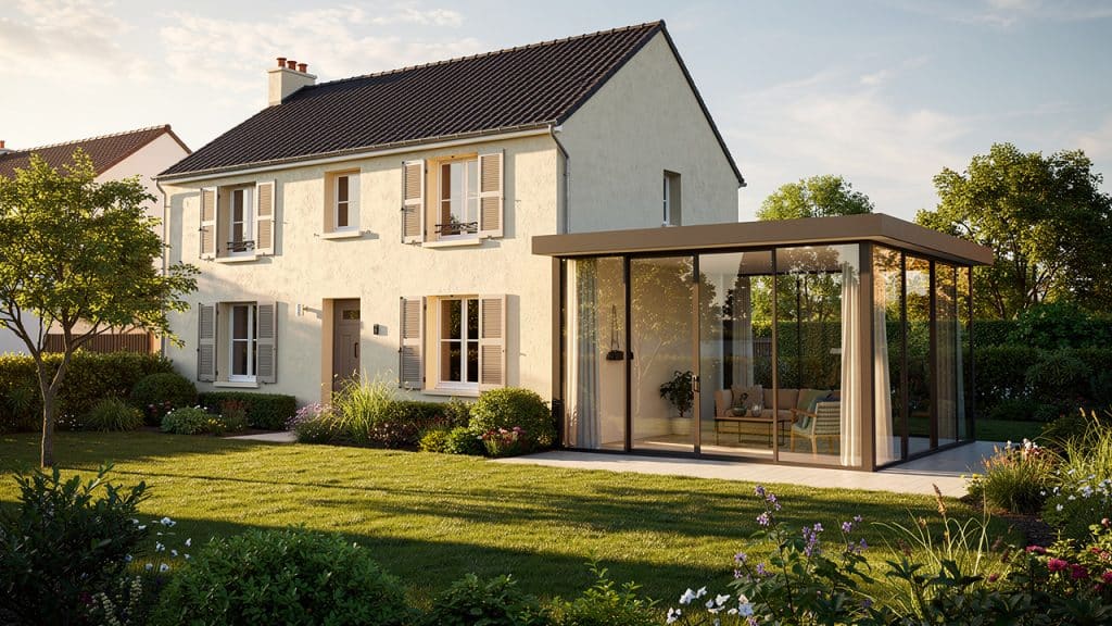 Véranda vitrée récemment construite en extension d'une maison française avec jardin