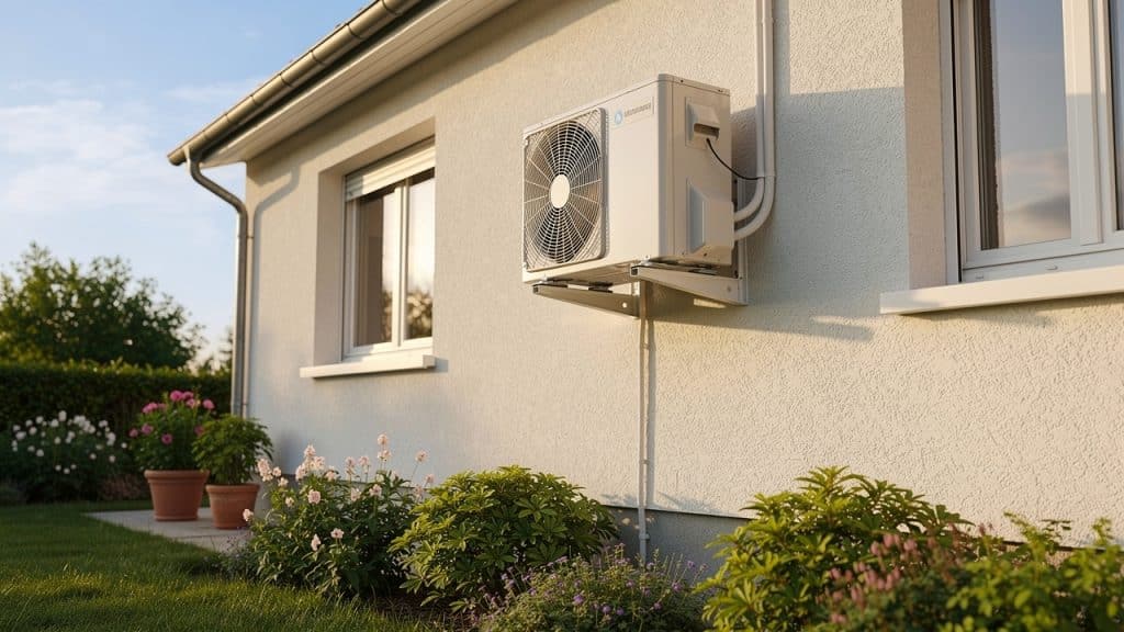 unité extérieure de pompe à chaleur air-air installée sur la façade d'une maison avec jardin