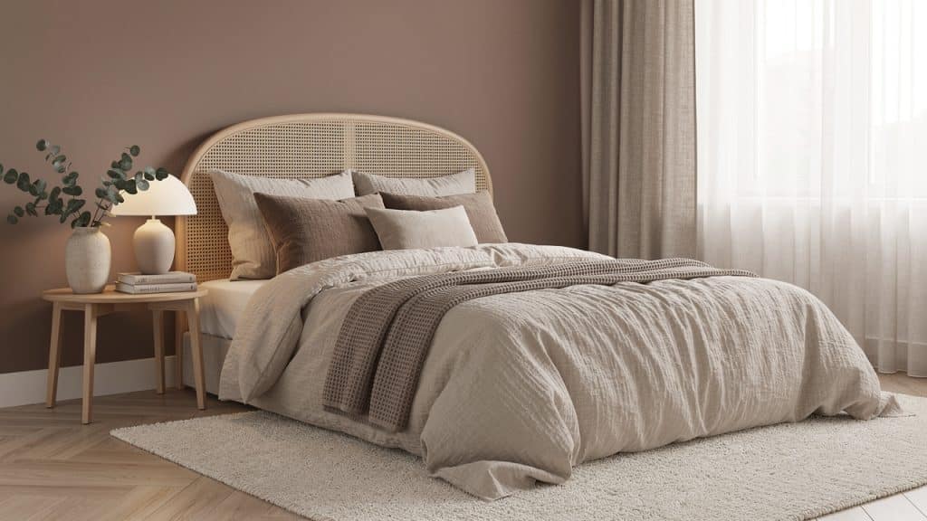 Chambre beige et taupe de style scandinave : tête de lit en cannage, linge en lin froissé et plaid gaufré taupe