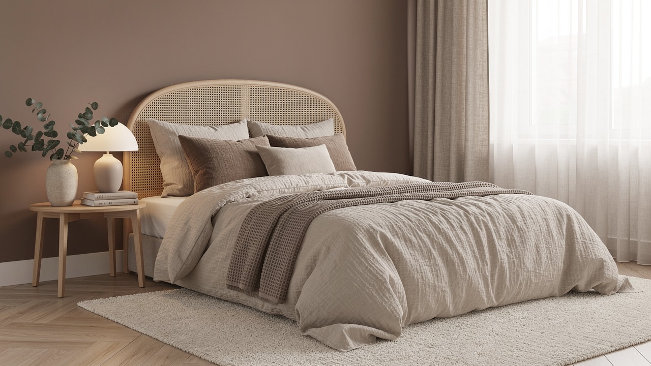 Chambre beige et taupe de style scandinave : tête de lit en cannage, linge en lin froissé et plaid gaufré taupe
