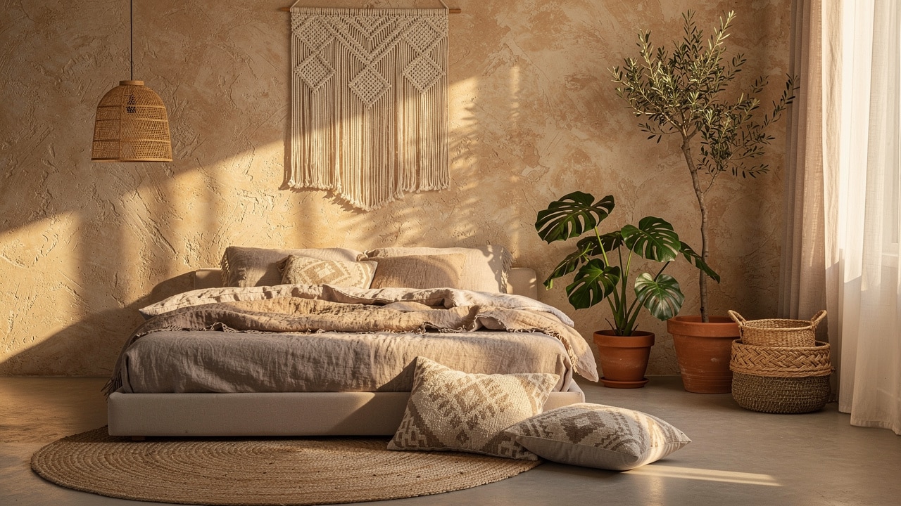 Chambre bohème chic beige et taupe : macramé mural, suspension en rotin, jute et plantes