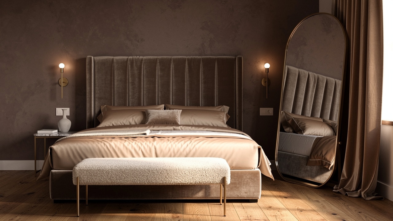 Chambre taupe élégante : tête de lit en velours capitonné, appliques laiton et miroir arche