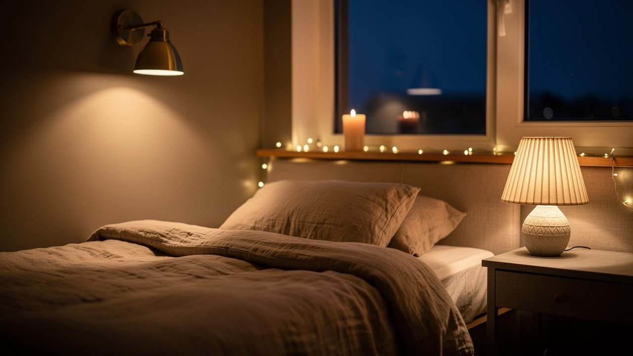 Éclairage chaleureux d'une chambre taupe le soir : applique laiton, lampe en lin et guirlande lumineuse
