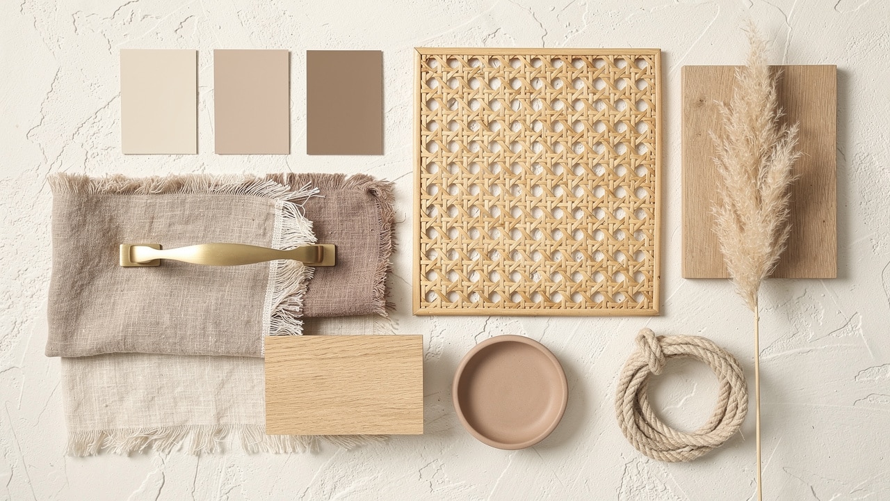Moodboard de décoration beige et taupe : échantillons de peinture, lin, cannage, chêne et laiton