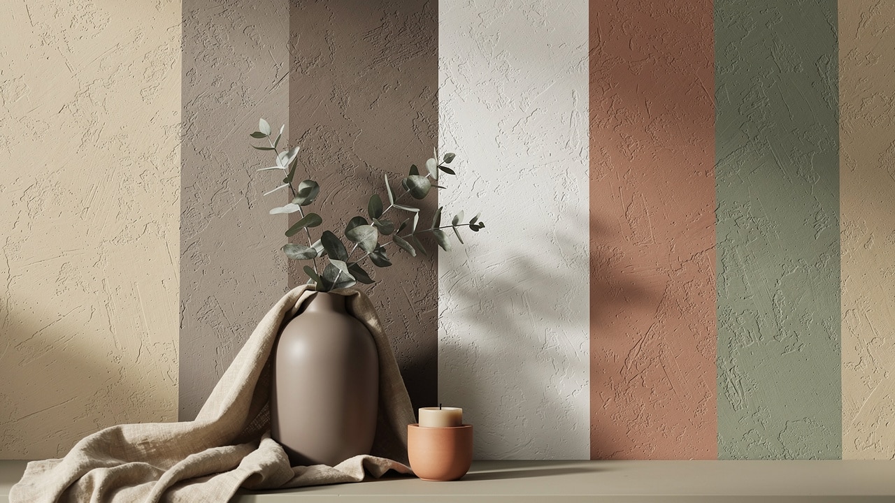 Palette de couleurs pour chambre beige et taupe, avec accents terracotta et vert sauge