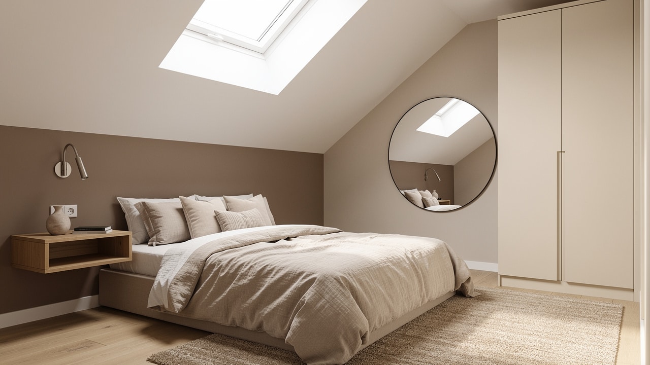 Petite chambre mansardée optimisée en beige et taupe : chevet suspendu, applique murale et grand miroir rond