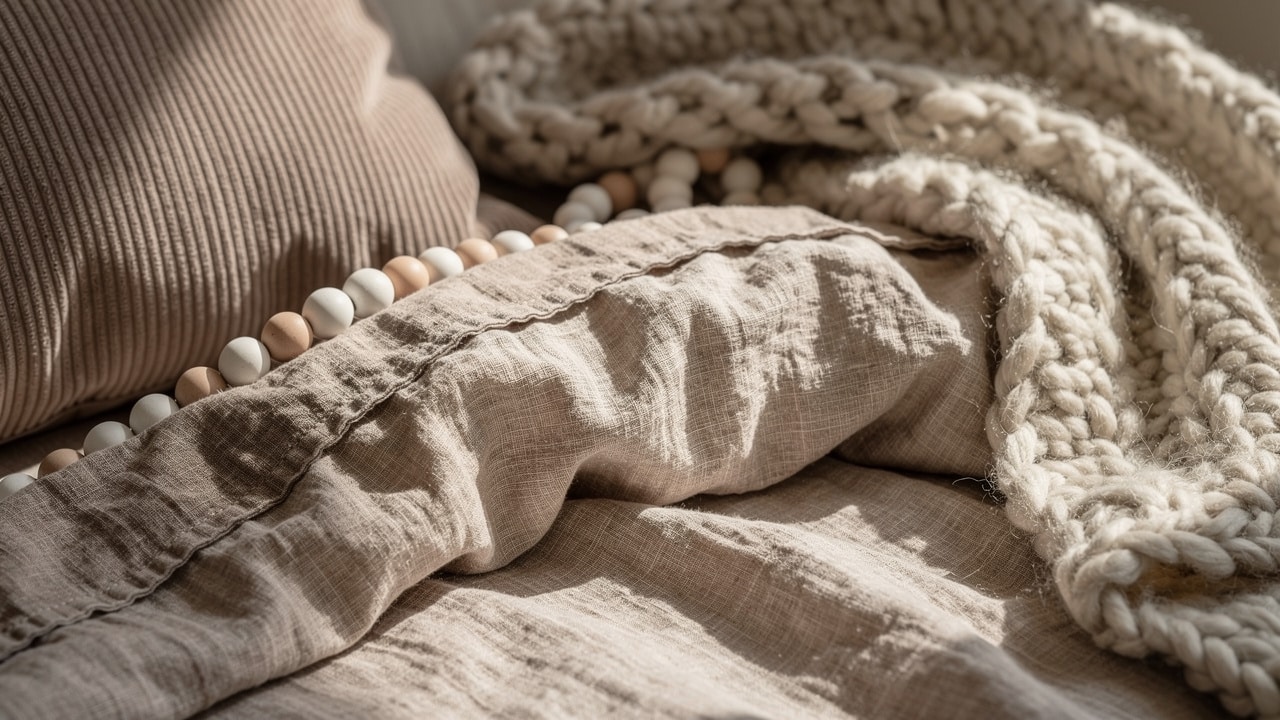 Matières naturelles d'une chambre beige : lin lavé froissé, grosse maille écrue et velours côtelé