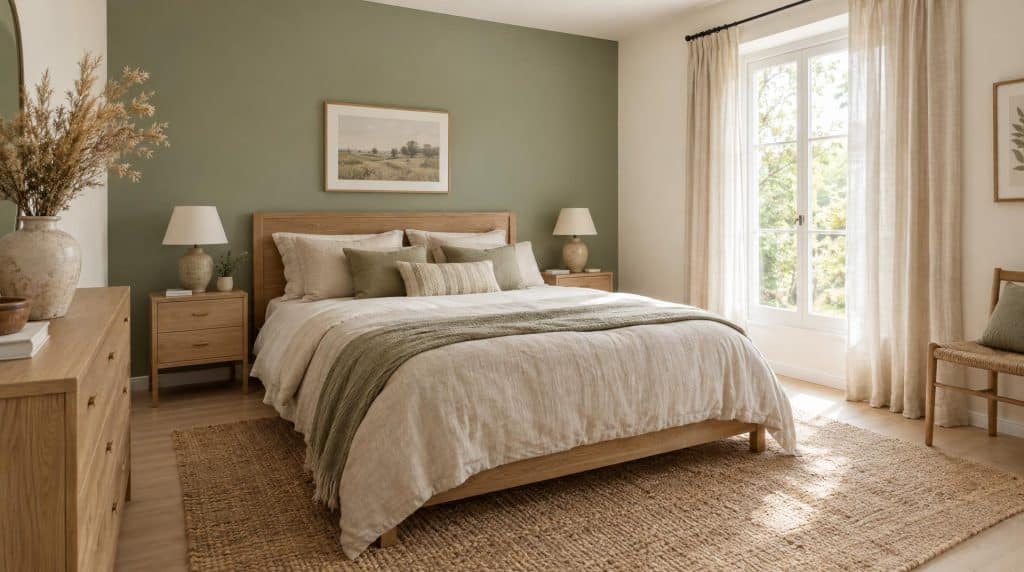 Chambre vert sauge et beige : un seul mur sauge derrière le lit en chêne clair, murs blancs chauds, linge en lin sable et tapis en jute
