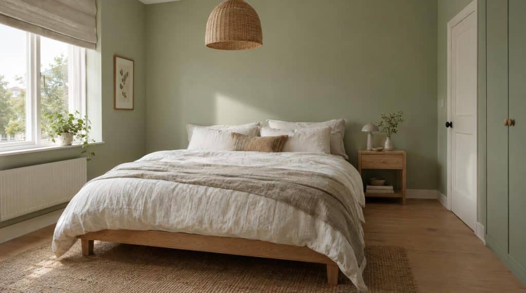 Chambre vert sauge clair et bois clair : lit en chêne, linge de lit en lin écru, suspension en rotin et lumière du matin