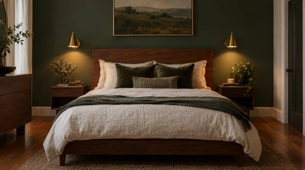 Chambre vert sauge foncé : mur d'accent derrière une tête de lit en noyer, appliques en laiton, coussins en velours vert et linge en lin