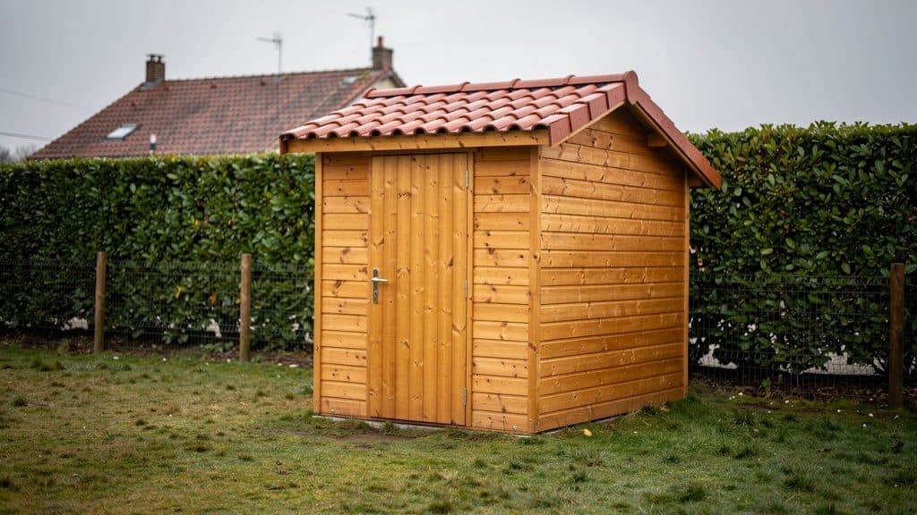 Abri de jardin en bois dans un jardin de pavillon, cloture et haie mitoyennes visibles