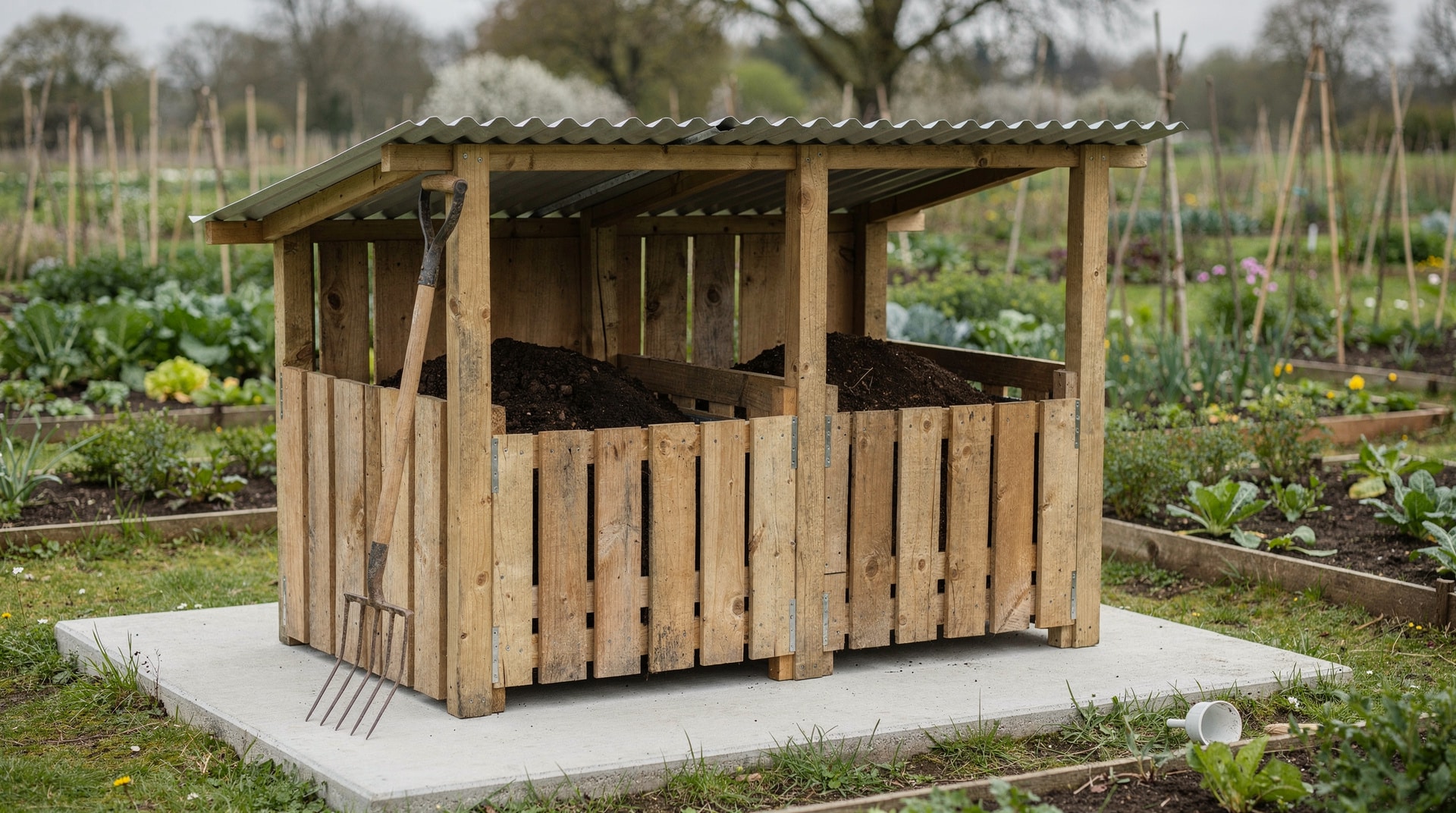 Aire de compostage à deux bacs en bois sous un toit en tôle, posée sur une dalle béton au jardin