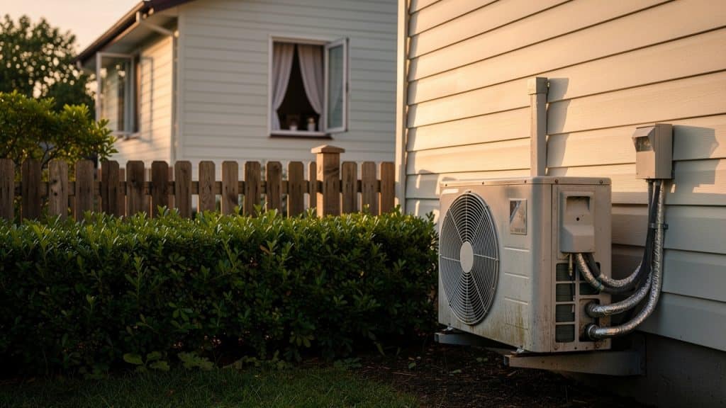 Unité extérieure de climatisation installée en limite de propriété, face à la fenêtre du voisin