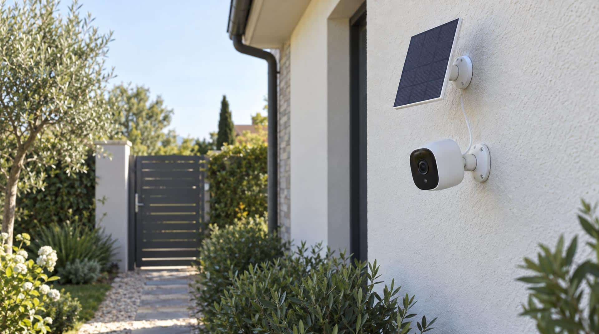 Caméra de surveillance sans fil et son panneau solaire fixés sur un mur extérieur, orientés vers un portail