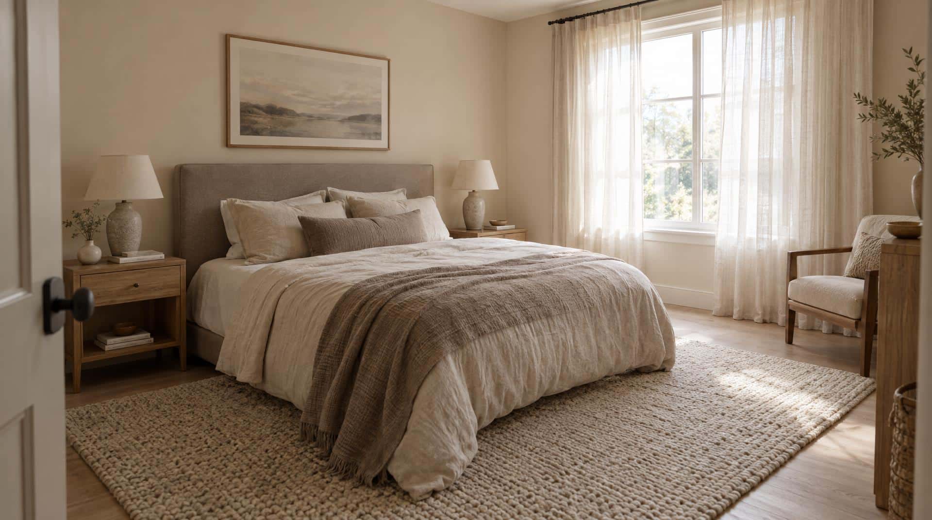 Chambre beige et taupe lumineuse : tête de lit taupe, linge en lin sable, chevets en chêne et voilages en lin