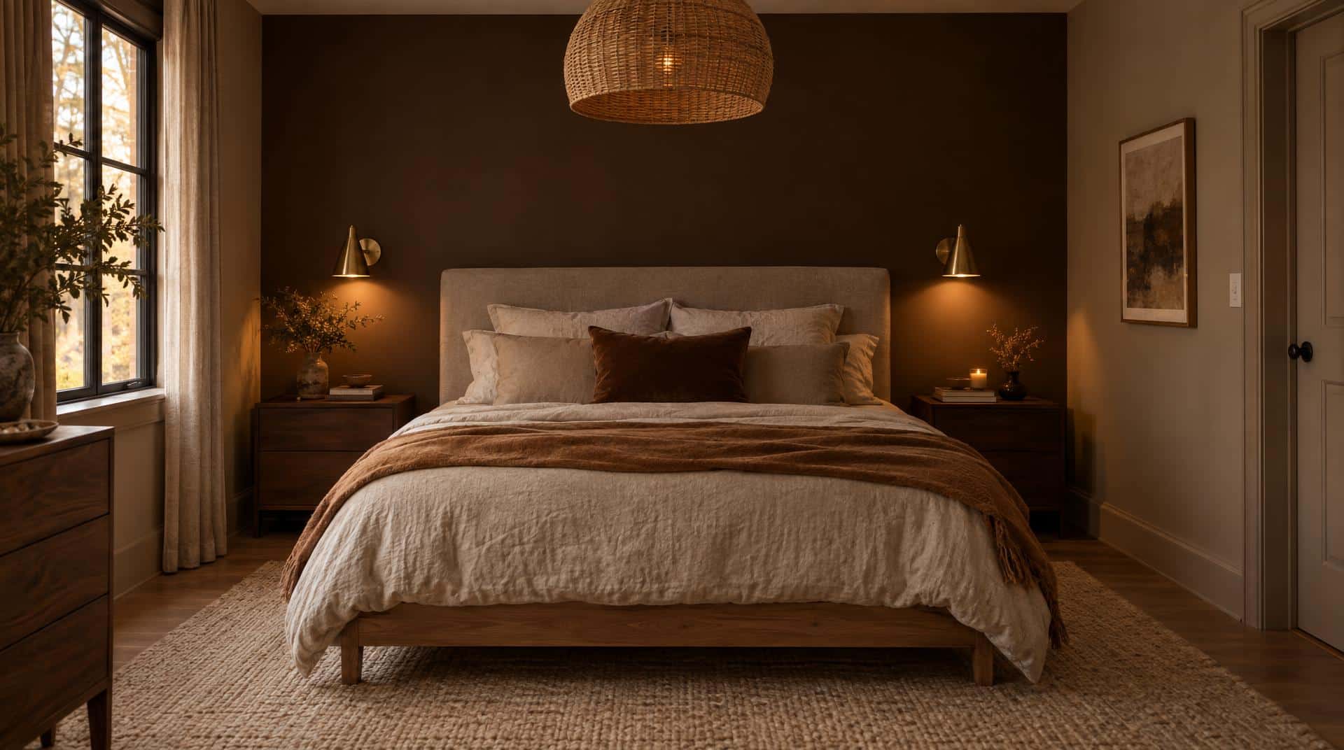 Chambre taupe avec un mur brun chocolat derrière la tête de lit, appliques laiton, suspension en rotin et plaid caramel
