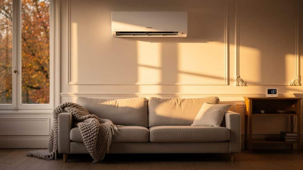 Clim réversible murale en mode chauffage au-dessus d'un canapé dans un salon, lumière d'automne