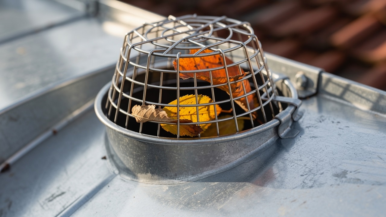 Crapaudine en inox posée à l'entrée d'une descente de gouttière en zinc, retenant des feuilles mortes
