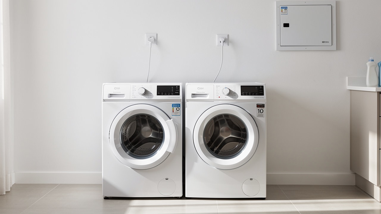 Buanderie : deux prises 20 A dédiées, l’une au lave-linge l’autre au sèche-linge, sur deux disjoncteurs C20 distincts