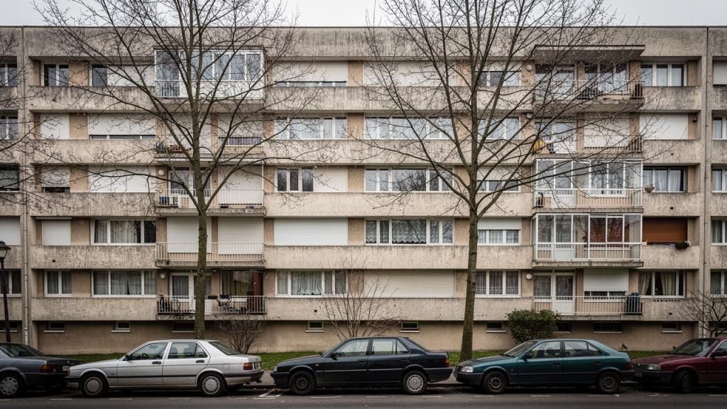 Immeuble d'habitation des années 1970 en copropriété, type de bâtiment visé par l'obligation de DPE collectif