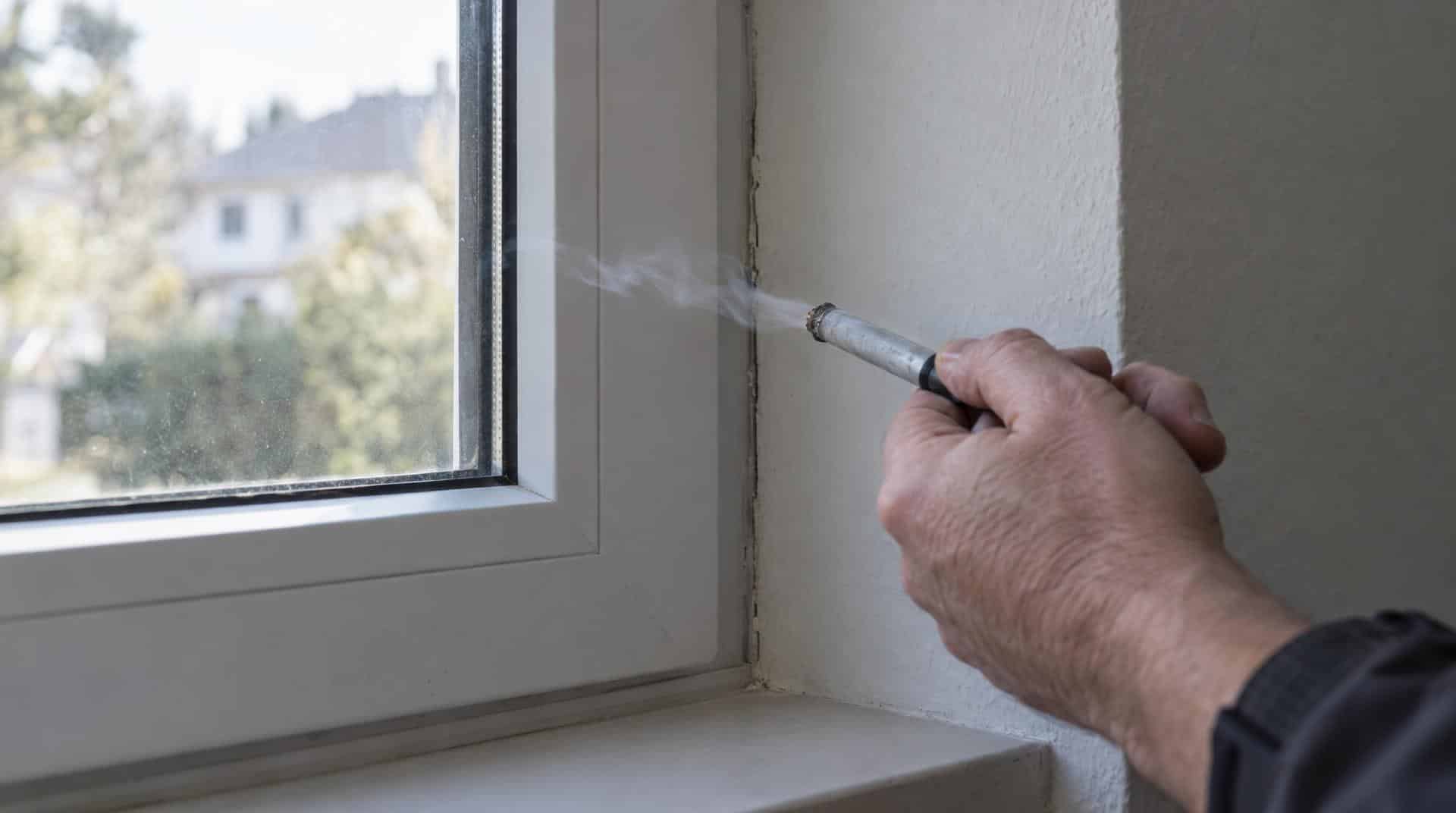 Recherche de fuites d’air au fumigène le long d’une fenêtre pendant un test d’infiltrométrie